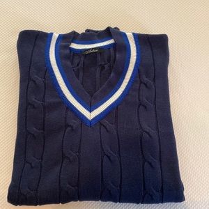 V Neck Preppy Cable Knit Sweater Blue White Arber Made in Ukraine Size L